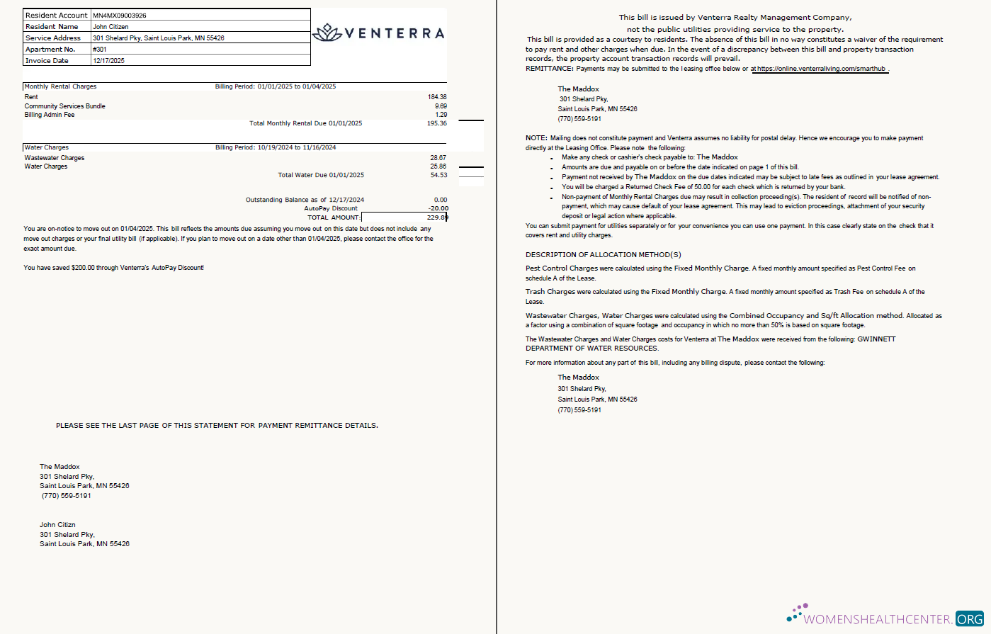 download download USA Venterra utility bill template in Word and PDF formats, 2 pages PDF template PDF template